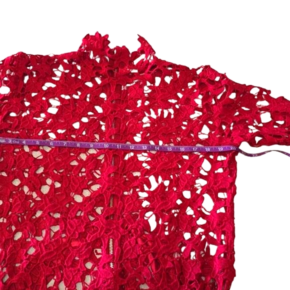 Laser Cut Red Crochet Sexy Cocktail Dress Long Sleeve Beetlejuice High Waist - Picture 9 of 11